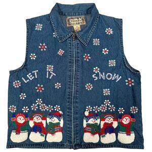Vintage Denim Holiday Vest Let It Snow Snowmen Embroidered Christmas PM